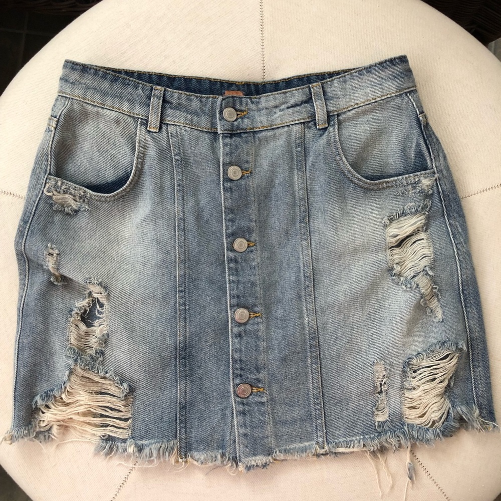 Free People Distressed Mini Denim Skirt